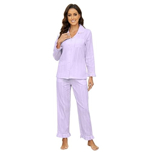 LYCY Schlafanzug Damen lang 100% Baumwolle, Pyjama Damen lang Set Schlafanzug Langarm zum Knöpfen leicht süß weich Baumwoll Pyjama Nachtwäsche (Lavendel, M) von LYCY