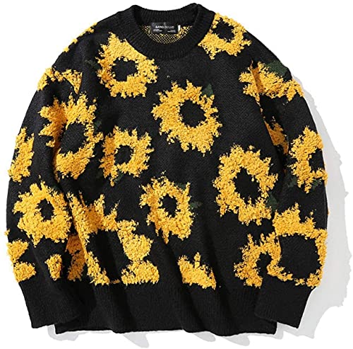 Herren Strickwaren Sonnenblumenmuster Oversize Loser Pullover Hip Hop Retro Pullover (Color : Noir, Size : L) von LYDHDY
