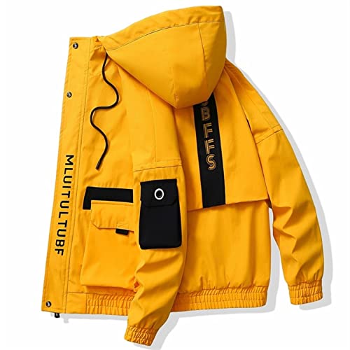 Männer Streetwear Hip Hop Bomber Jacke Harajuku Bänder Taschen Windjacke Koreanische Stil Mode Kleidung (Color : Gelb, Size : L) von LYDHDY