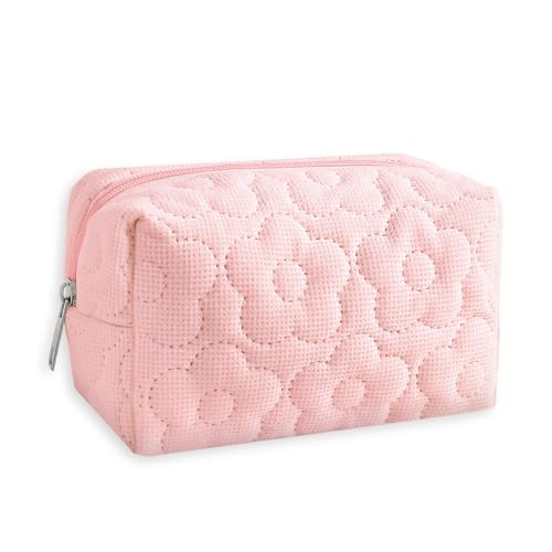 LYDZTION Gesteppte weiche Make-up-Tasche mit Blumenmuster für Damen, Kosmetiktasche, kleine Blume, Make-up-Tasche, Reiseutensilien, Kulturbeutel, Make-up-Pinselhalter, Reise-Aufbewahrungstasche, Pink von LYDZTION