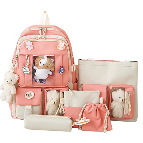5Pcs Canvas Schulrucksack Set, Kawaii Rucksack for Mädchen Studenten, Große Kapazität Niedlich Ästhetische Reise Rucksack Japanische Harajukue Leinwand Schultasche mit Zubehör for Schule, rose, von LYEAA