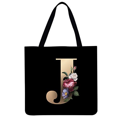 LYEAA 26 A-Z Alphabet-Buchstaben Blumen bedruckte Tragetaschen for Frauen, Schulter-Einkaufstasche, Geschenk, legere Damen-Handtasche mit großem Fassungsvermögen, Strandtasche, 40 x 40 cm, J, von LYEAA