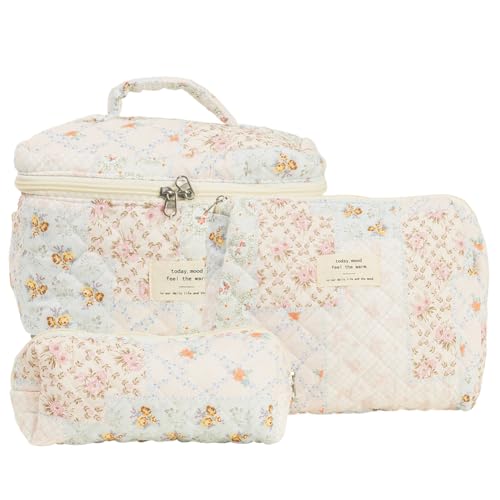 LYEAA 3 PCs Baumwolle Gesteppte Make -up -Tasche Große Frauen Blumenkosmetische Tasche Reißverschluss Toilettenbeutel süßer Beutel Reisetasche (a) von LYEAA