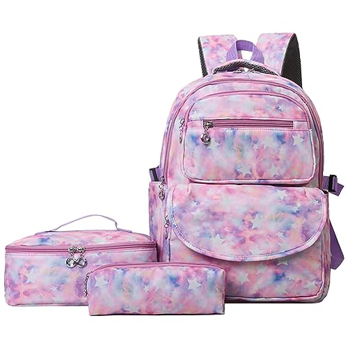 LYEAA 3Pcs Kawaii Rucksäcke mit Mittagessen Tasche & Bleistift Fall Doppel Umhängetasche Set Stern Gedruckt Multifunktional für Elementary Middle Kids, rose, Casual von LYEAA