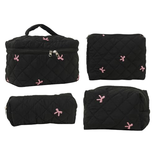 LYEAA 4 PCs Make -up -Tasche bestickte Bogen Frauen Reisen Kosmetietasche Gesteppte Toilettenbeutel süß Kawaii zum Reiseeinkauf (schwarz) von LYEAA
