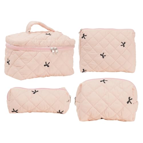 LYEAA 4 PCs Reisen Kosmetikbeutel gesticktes Bogen Frauen Toilettenbeutel Gesteppte Kosmetikbeutel Süßes Kawaii zum Reiseeinkauf (Pink) von LYEAA