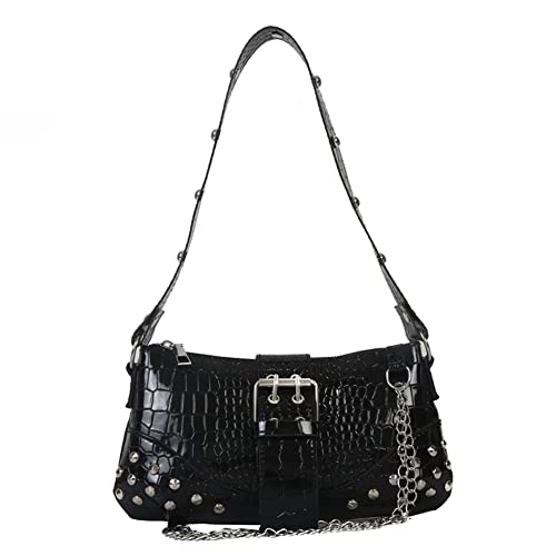 LYEAA Coole Stil Trendy Mädchen Y2K Niet Kette Mode Einkaufstasche Gothic Hobo Tasche for Reisen Urlaub Täglich, Schwarz , 34*14*22 cm/13.39x5.51x8.66inch von LYEAA