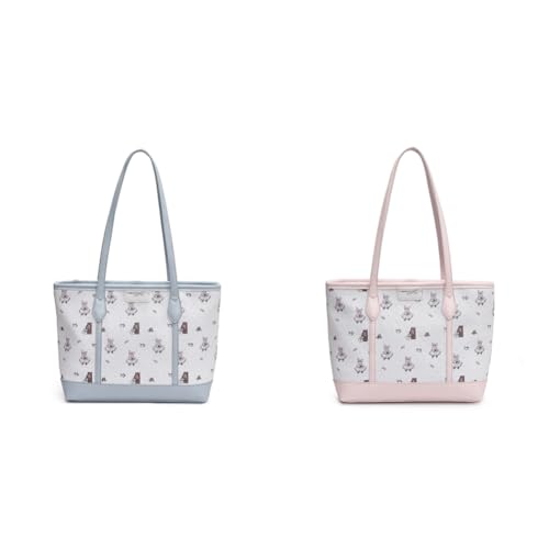 LYEAA Damen PU Tote Bag Große Kapazität Mode Schultertasche mit Bär & Kaninchen Druck Handtasche für Shopping & Reisen, Blau/Pink, 10.24*10.24*4.72inch von LYEAA