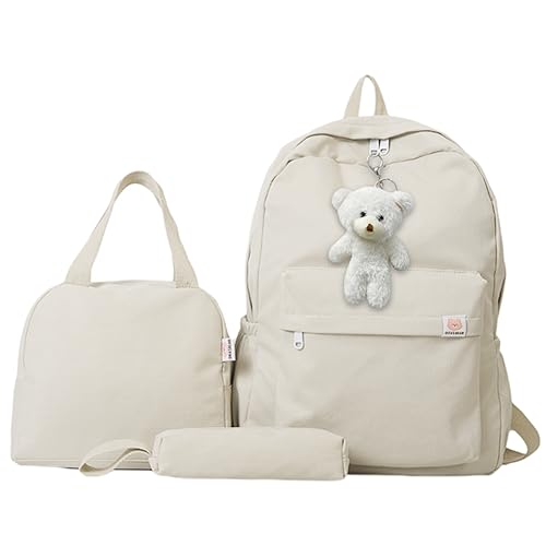 LYEAA Damen Rucksack Lunchbox und Federmäppchen Set mit Bären-Anhänger Rucksack Lunch-Tasche Federmäppchen Combo Reißverschluss Einfarbig Teenager Mädchen Büchertasche, weiß, von LYEAA