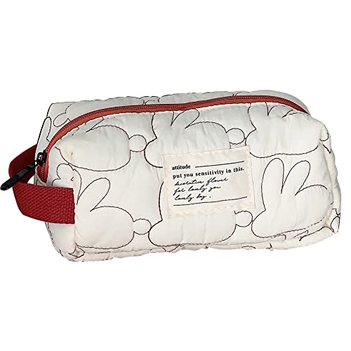 LYEAA Damen gesteppte Kaninchen-Federmäppchen Taschen Große Kapazität Aufbewahrungstasche Tragbar Einfach Lässig Kawaii Camping, Beige Large, modisch von LYEAA