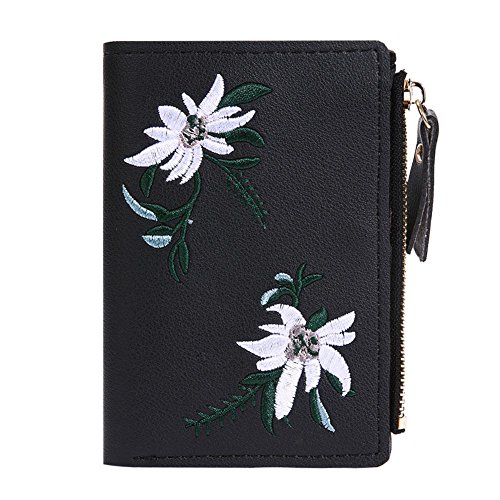 LYEAA Einfache Geldbörse für Damen, Blumenstickerei, kurze Geldbörse, PU-Leder, Münzkartenhalter, Mini-Clutch-Geldbörsen, Schwarz , Blumenstickerei von LYEAA