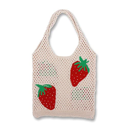 LYEAA Fashion Korean Knitted Women Shoulder Tote Bags Summer Strawberry Mesh Hollow Crochet Shopping Bag Casual Beach Purse, elfenbeinfarben von LYEAA