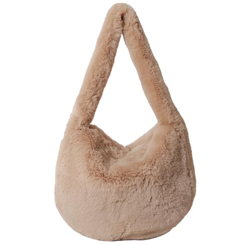 LYEAA Frauen Faux Pelz Tragetasche Reißverschluss Plüsch Tote Weich Flauschig Hobo Tasche Lässig Vielseitig Herbst Winter, khaki, 260.00x100.00x70.00mm/10.24x3.94x7.87inch von LYEAA