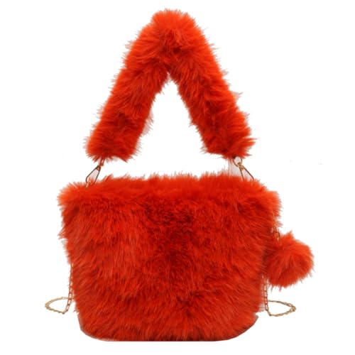 LYEAA Frauen Flauschige Tragetasche Vielseitige Plüsch Umhängetasche Mode Kette Crossbody Tasche Casual mit Pom Poms Herbst Winter Shopper Tasche, Orange, 260.00x100.00x70.00mm/10.24x3.94x7.87inch von LYEAA