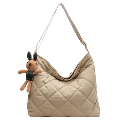 LYEAA Frauen Gesteppte Tragetasche mit Anhänger Down Hobo Bag Große Kapazität Puffy Crossbody Tasche Gepolsterte Umhängetasche Täglich Dating Tasche, khaki, 400.00x310.00x110.00mm/15.75x12.2x4.33inch von LYEAA