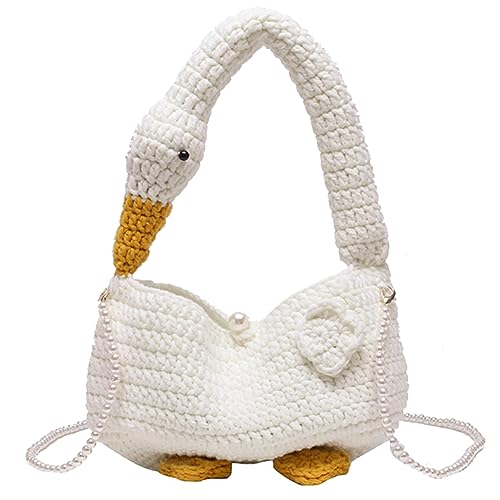 LYEAA Frauen Häkeln Tote Perlenkette Cartoon Crossbody Tasche Vielseitige Gestrickte Umhängetasche Handgemachte Tägliche Tasche für Mädchen Weiblich, weiß, 265*150*120mm /10.4*5.9*4.7in von LYEAA