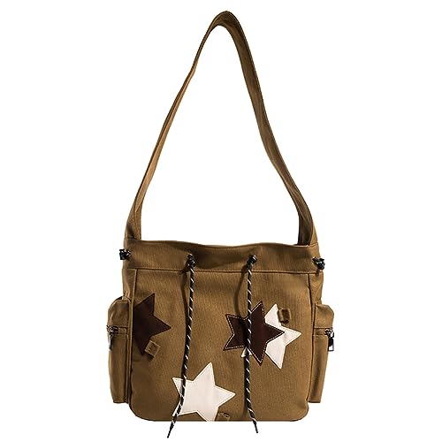LYEAA Frauen Schöne Umhängetasche Große Kapazität Leinwand Vielseitige Hobo Taschen Stern Applique Y2K Street Style Schultasche für Teenager Studenten, braun, 320*140*250mm/12.48*5.46*9.75in von LYEAA