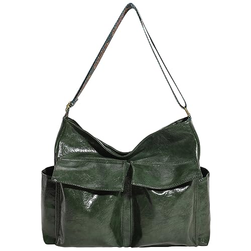 LYEAA Frauen Solide Umhängetasche mit mehreren Taschen PU Leder Hobo Tasche Breiter Riemen Große Kapazität Retro Umhängetasche Geldbörse, grün, 24x7.5x18 cm/9.45x2.95x7.09in von LYEAA