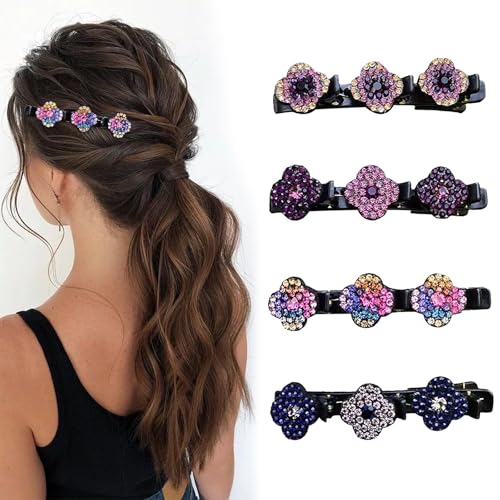 LYEAA Geflochtene Haarspangen mit funkelndem Kristallstein for Frauen und Mädchen, 4-teiliges Haarzopf-Zubehör, Diamant-Kunst-Haarnadel mit Kristallblume, glänzende geflochtene Haarspange von LYEAA