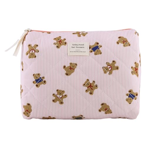 LYEAA Gesteppte Kosmetikbeutel gestreifter Bären Make -up -Organisator -Aufbewahrungstasche süßer Baumwollkosmetikorganisator Hülle für Frauen täglich Gebrauch & Reisen (M Pink) von LYEAA