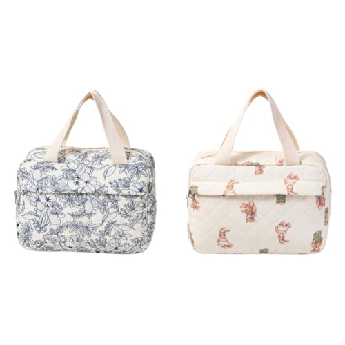 LYEAA Großer Make-up-Organizer aus Baumwolle mit gestepptem Blumenmuster, Kosmetiktasche mit Reißverschluss, Reise-Kulturbeutel for Damen von LYEAA
