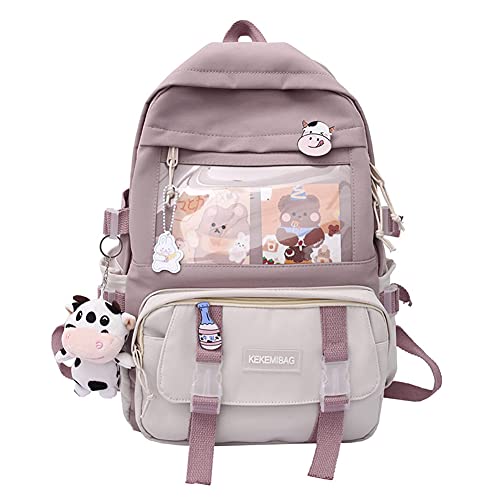 LYEAA Kawaii Rucksack mit Pins & Plüschtier-Anhänger, Frauen Mädchen adretter Stil PVC Patchwork Transparenter Rucksack Schultasche Große Kapazität Rucksack Handtaschen, Stil B, lila von LYEAA