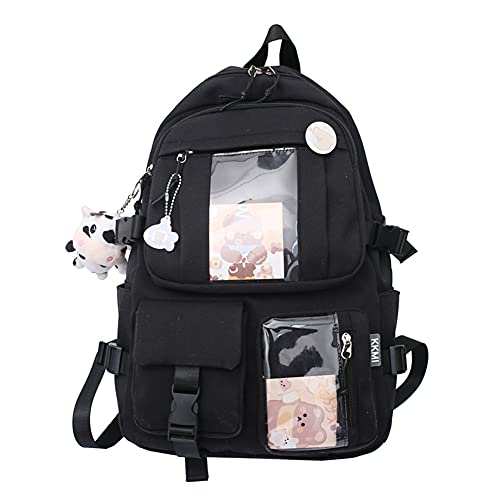 LYEAA Kawaii Rucksack mit Pins & Plüschtier Anhänger, Frauen Mädchen Preppy Stil PVC Patchwork Klar Rucksack Schultasche Große Kapazität Rucksack Handtaschen, Stil A, schwarz von LYEAA