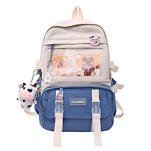 LYEAA Kawaii Rucksack mit Pins & Plüschtier-Anhänger, Frauen Mädchen adretter Stil PVC Patchwork Transparenter Rucksack Schultasche Große Kapazität Rucksack Handtaschen, Stil B, Blau von LYEAA