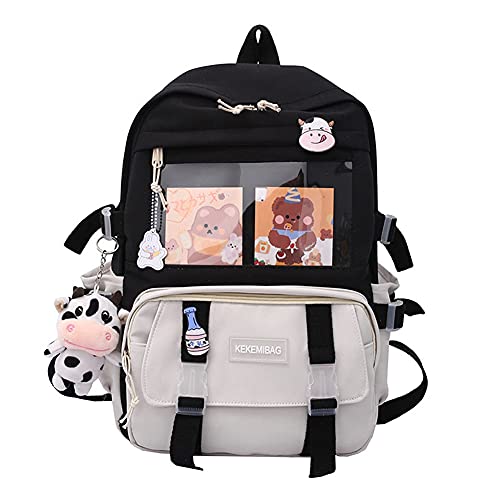 LYEAA Kawaii Rucksack mit Pins & Plüschtier-Anhänger, Frauen Mädchen adretter Stil PVC Patchwork Transparenter Rucksack Schultasche Große Kapazität Rucksack Handtaschen, Stil B, schwarz von LYEAA