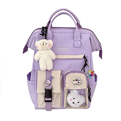 LYEAA Kawaii Rucksack mit Pins & Plüschtier-Anhänger, Frauen Mädchen adretter Stil PVC Patchwork Transparenter Rucksack Schultasche Große Kapazität Rucksack Handtaschen, Stil C, Violett von LYEAA