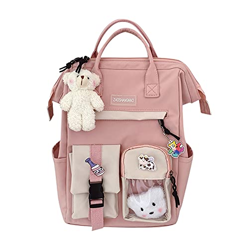 LYEAA Kawaii Rucksack mit Pins & Plüschtier-Anhänger, Frauen Mädchen adretter Stil PVC Patchwork Transparenter Rucksack Schultasche Große Kapazität Rucksack Handtaschen, Stil C, Pink von LYEAA