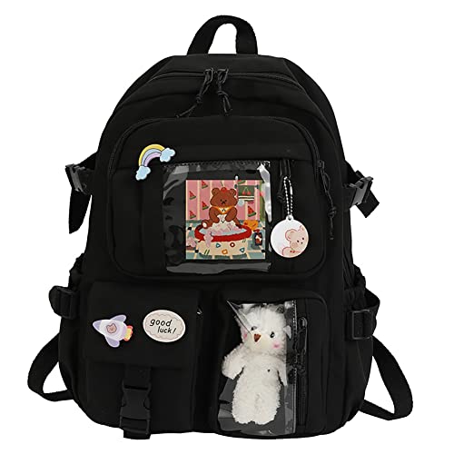 LYEAA Kawaii Rucksack mit Pins & Plüschtier-Anhänger, Frauen Mädchen adretter Stil PVC Patchwork Transparenter Rucksack Schultasche Große Kapazität Rucksack Handtaschen, Stil D, schwarz von LYEAA