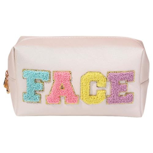 LYEAA Make-up-Tasche mit Chenille-Buchstaben, adrett, Patch, Make-up-Tasche, großes Fassungsvermögen, wasserdicht, Kulturbeutel, PU, tragbare Hautpflege-Tasche für den täglichen Gebrauch, Stil 1, von LYEAA