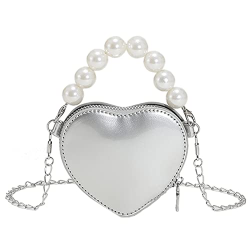 LYEAA Mode Liebe Herz Mini Schultertaschen for Frauen Perle Tote Crossbody Taschen Damen Kette Klein Einkaufen Clutch Geldbörse Handtasche, silber von LYEAA