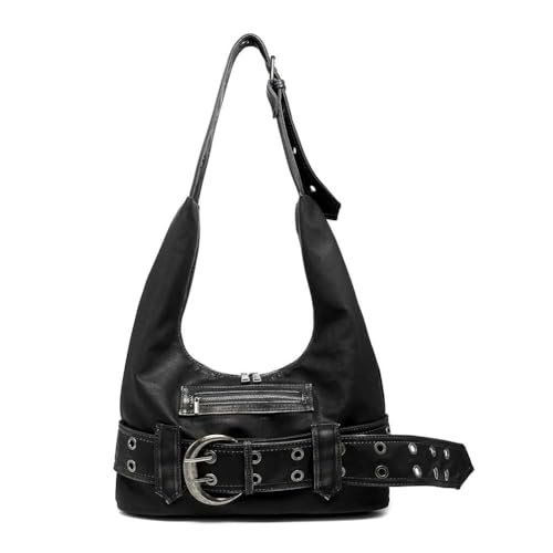 LYEAA PU Ledergürtelschnalle Handtasche Vintage Travel Umhängetasche Y2K -Einkaufstasche (schwarz) von LYEAA