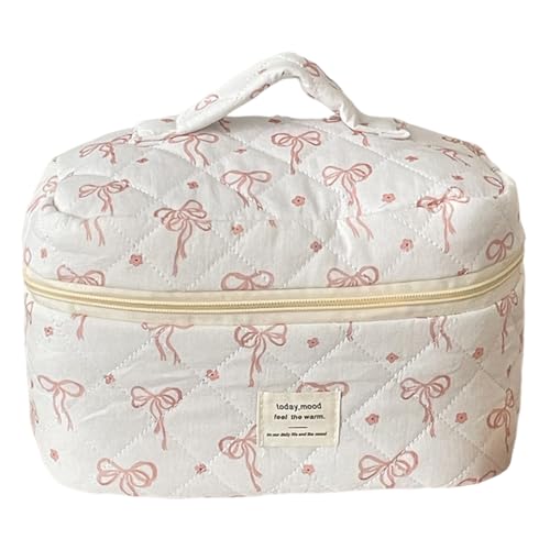LYEAA Reise-Make-up-Tasche, Federmäppchen, gestepptes Kosmetiktaschen-Set, Kosmetiktasche aus Baumwolle mit süßer Schleife, Damen-Kulturbeutel, ästhetische Kawaii-Hautpflegetasche von LYEAA