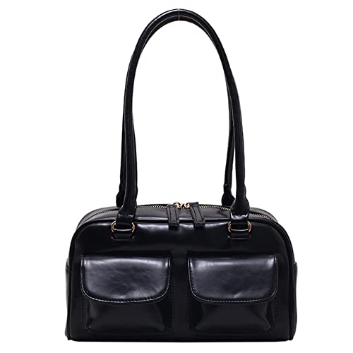 LYEAA Retro Schulter Taschen Doppel Tasche PU Leder Schulter Handtaschen Mode Solide Top-griff Taschen Casual Reißverschluss Tragbare Damen Geldbörsen, Schwarz , 380x310x150mm/14.96x12.2x5.91inch von LYEAA