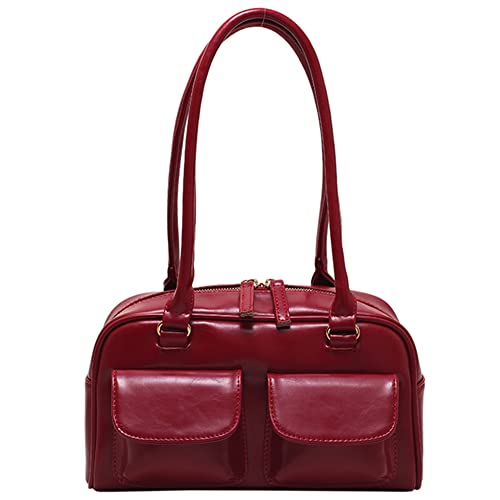 LYEAA Retro Schulter Taschen Doppel Tasche PU Leder Schulter Handtaschen Mode Solide Top-griff Taschen Casual Reißverschluss Tragbare Damen Geldbörsen, rot, 380x310x150mm/14.96x12.2x5.91inch von LYEAA