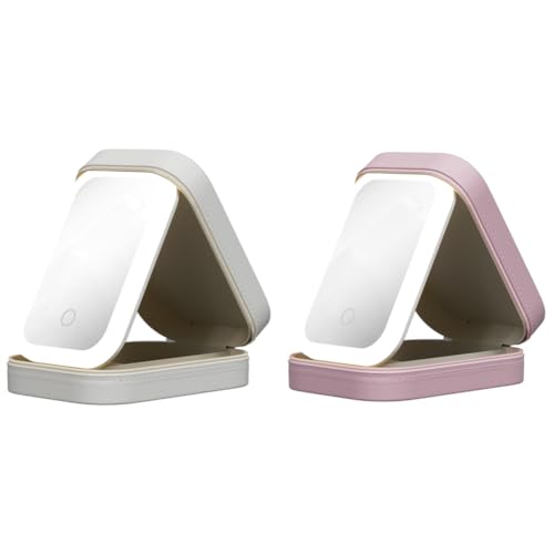 LYEAA Tragbare Kosmetiktasche mit beleuchtetem Spiegel – USB-Aufladung, einstellbare Helligkeit, PU-Leder-Organizer, Weiß/Rosa von LYEAA