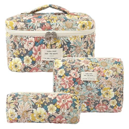 LYEAA Women 3PCS Baumwolle Gesteppte Make -up -Tasche Floral Travel Cosmetic Bag Kosmetische Beutel für Reiseeinkäufe (Stil 2) von LYEAA