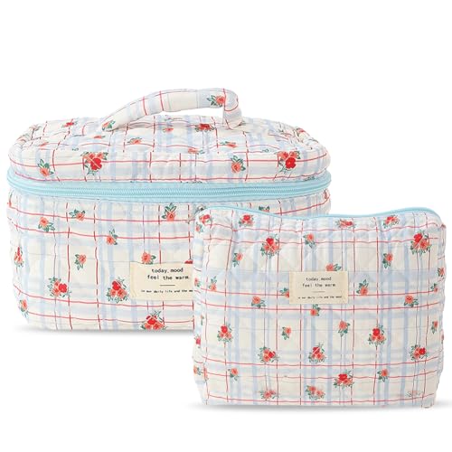LYEAA große Kapazität Frauen Gesteppte Make -up -Tasche Kosmetische Organizer Beutel Ästhetische Baumwollblumen -Toilettenbeutel 2pcs Reisekosmetiktasche (Stil DREI) von LYEAA