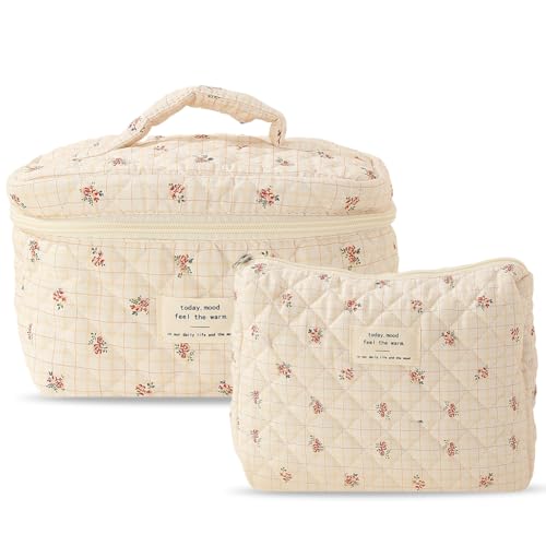 LYEAA große Kapazität Frauen Gesteppte Make -up -Tasche tragbare kosmetische Beutel Ästhetische Baumwoll -Blumen -Toilettenbeutel 2pcs Kosmetikhaltertasche (Style Six) von LYEAA