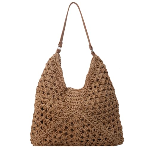 LYEAA sommer strohbeutel hohlausbeutel großer machten inderbeutel einfarbige feiertage handtasche boho schulter abtasche für Frauen (khaki) von LYEAA