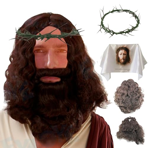 LYFOOHEART 3-in-1 Jesus Perücke und Bart, Dornenkrone, Schleier der Veronika für Cosplay, Requisite für Passionsspiele und Kirchenspiele, Schwarz LYFOOHEART 3-in-1 Jesus Perücke und Bart, Dornenkrone, Schleier der Veronika für Cosplay, Requisite für Passionsspiele und Kirchenspiele, Schwarz von LYFOOHEART