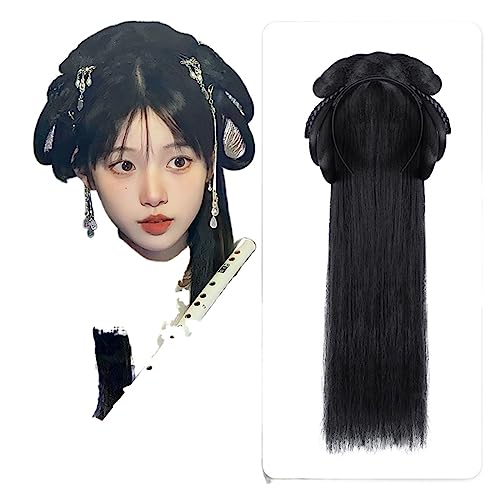 Chinesische alte Perücke Frauen Hanfu Perücken Kopfschmuck Fotografie Tanz Zubehör Perücken schwarz for Frauen integrierte Haarknoten (Color : VM12) von LYHHGS