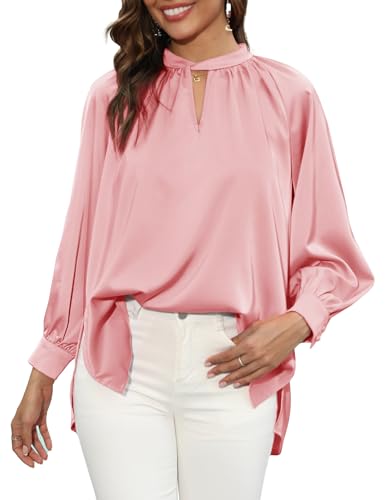 LYHNMW Damen Satin Seide Blusen Tops V Ausschnitt Langarm Lose Blusen Sommer Tops Casual Blusen Tops, Pink, Mittel von LYHNMW