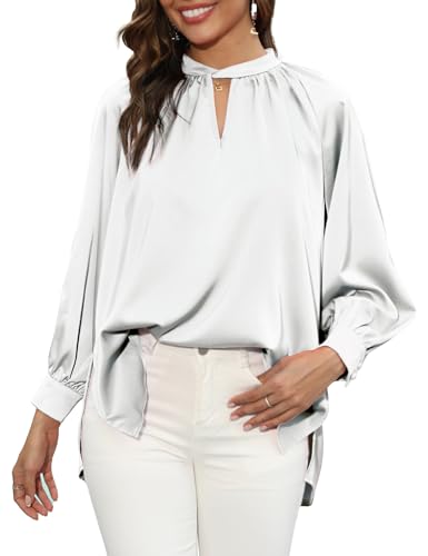 LYHNMW Damen Satin Seide Blusen Tops V Ausschnitt Langarm Lose Blusen Sommer Tops Casual Blusen Tops, Weiss/opulenter Garten, X-Groß von LYHNMW