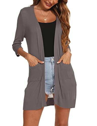 LYHNMW Damen Strickjacke Casual 3/4 Ärmel oder Langarm Leichte Offene Front Lange Strickcardigan mit Tasche, D-Khaki, XX-Large von LYHNMW