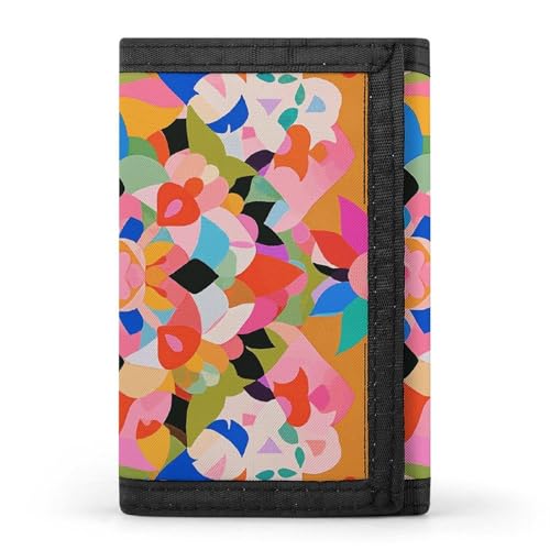 LYHVSFJW Dreifach gefaltete Geldbörse mit 8 Kartenfächern, schlankes Münzfach mit Reißverschluss, geteilte Geldscheine für Männer und Frauen, Buntes Boho-Blumenmuster, Einheitsgröße, Modern von LYHVSFJW