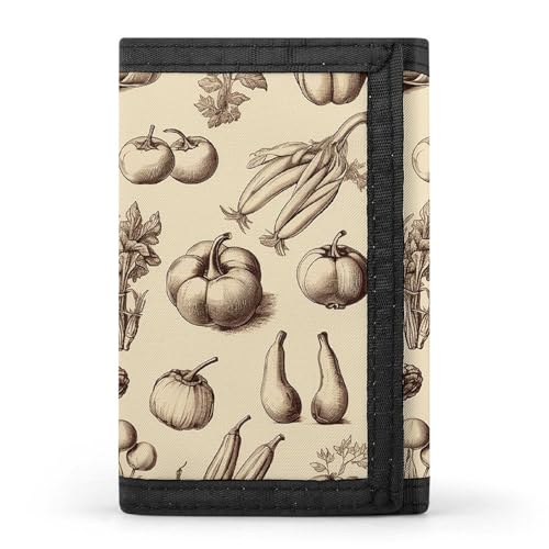 LYHVSFJW Dreifach gefaltete Geldbörse mit 8 Kartenfächern, schlankes Münzfach mit Reißverschluss, geteilte Geldscheine für Männer und Frauen, Helles Pfirsich und Braun, Gemüse im Skizzenstil von LYHVSFJW